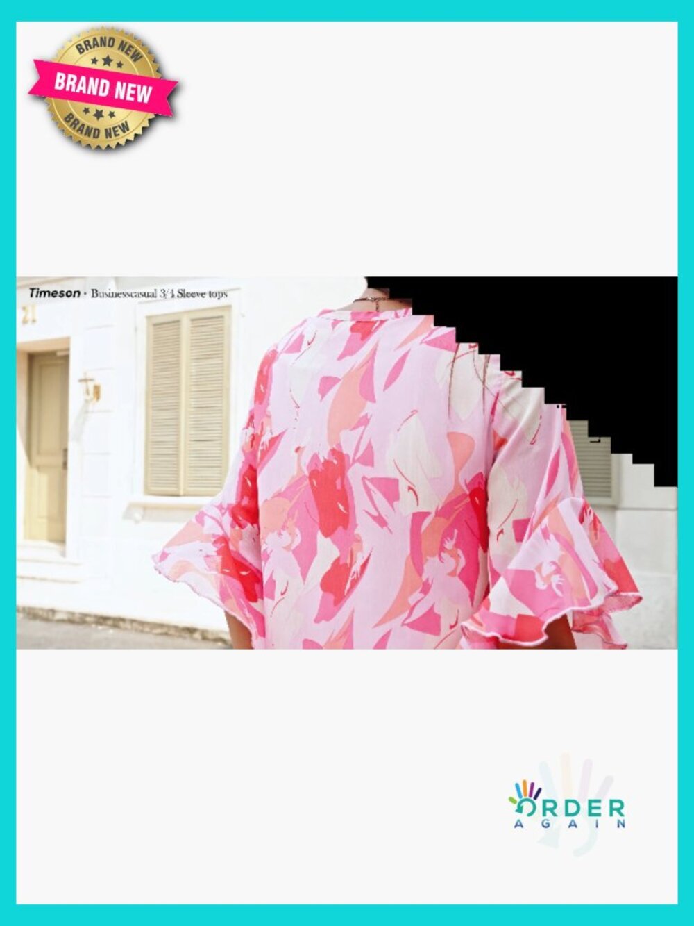 Floral V-Neck Button Down Blouse 3/4 Ruffle Sleeve Chic Casual Elegant Top - Picture 6 of 7